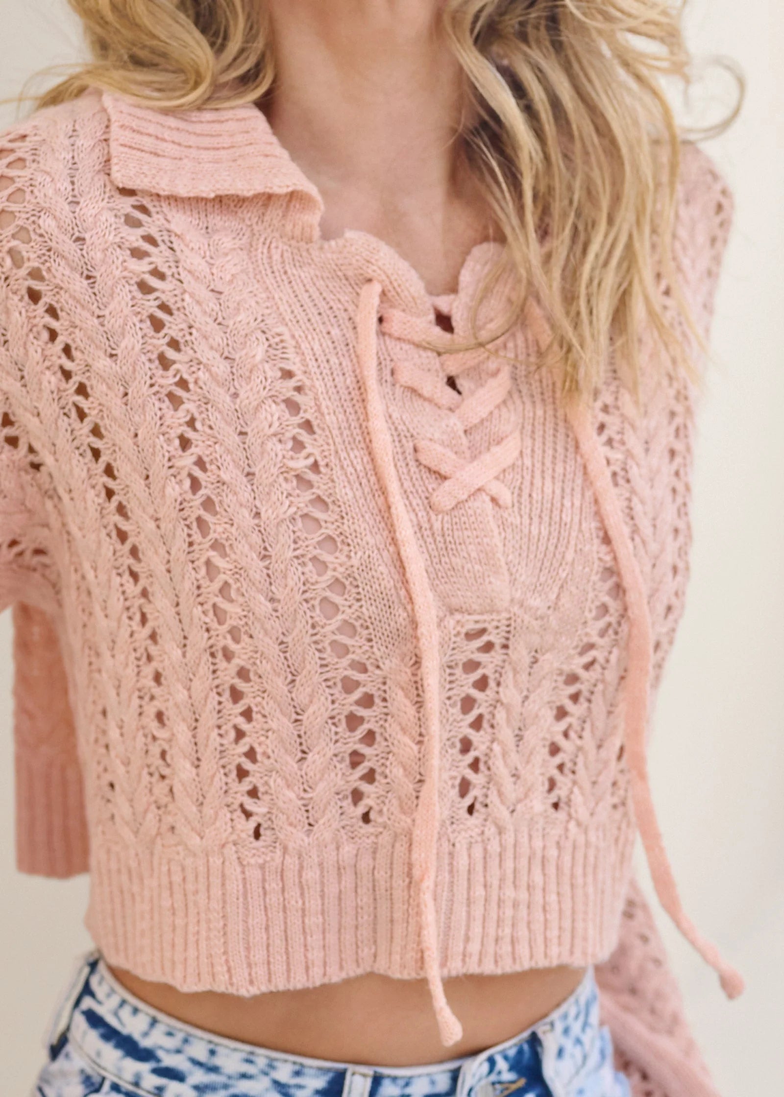 Cropped Pointelle Sweater Peach