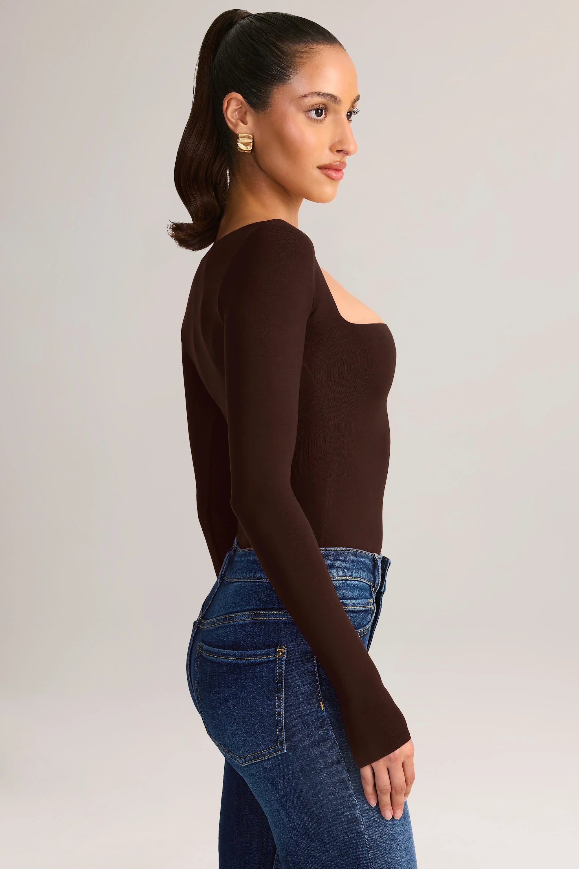 Modal Square Neck Long Sleeve Top in Chocolate Brown
