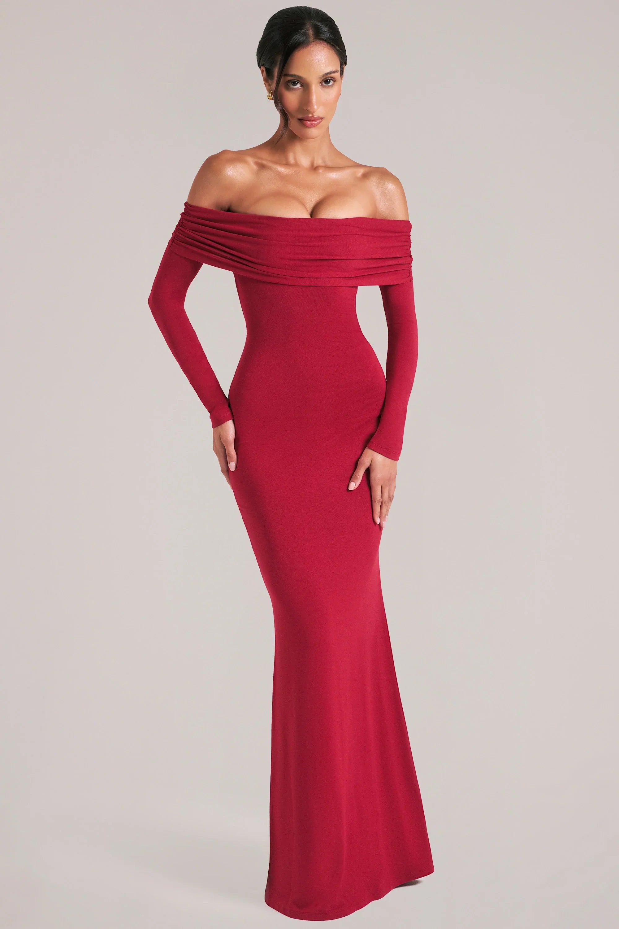 Off Shoulder Long Sleeve Maxi Dress in Cherry Red