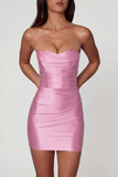 Ruched Bandeau Mini Dress in Soft Pink