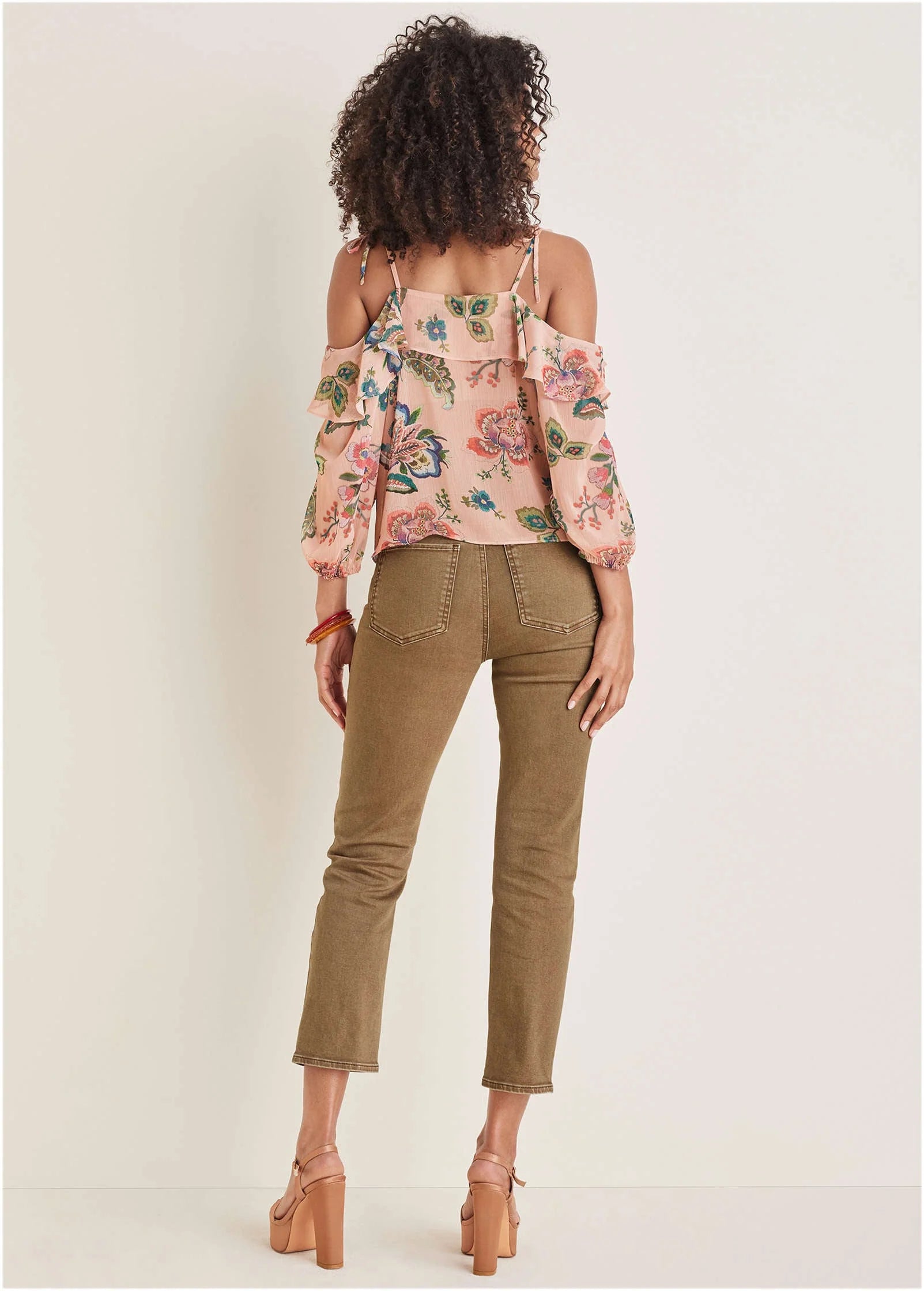Chiffon Cold Shoulder Top Allover Needlework Floral