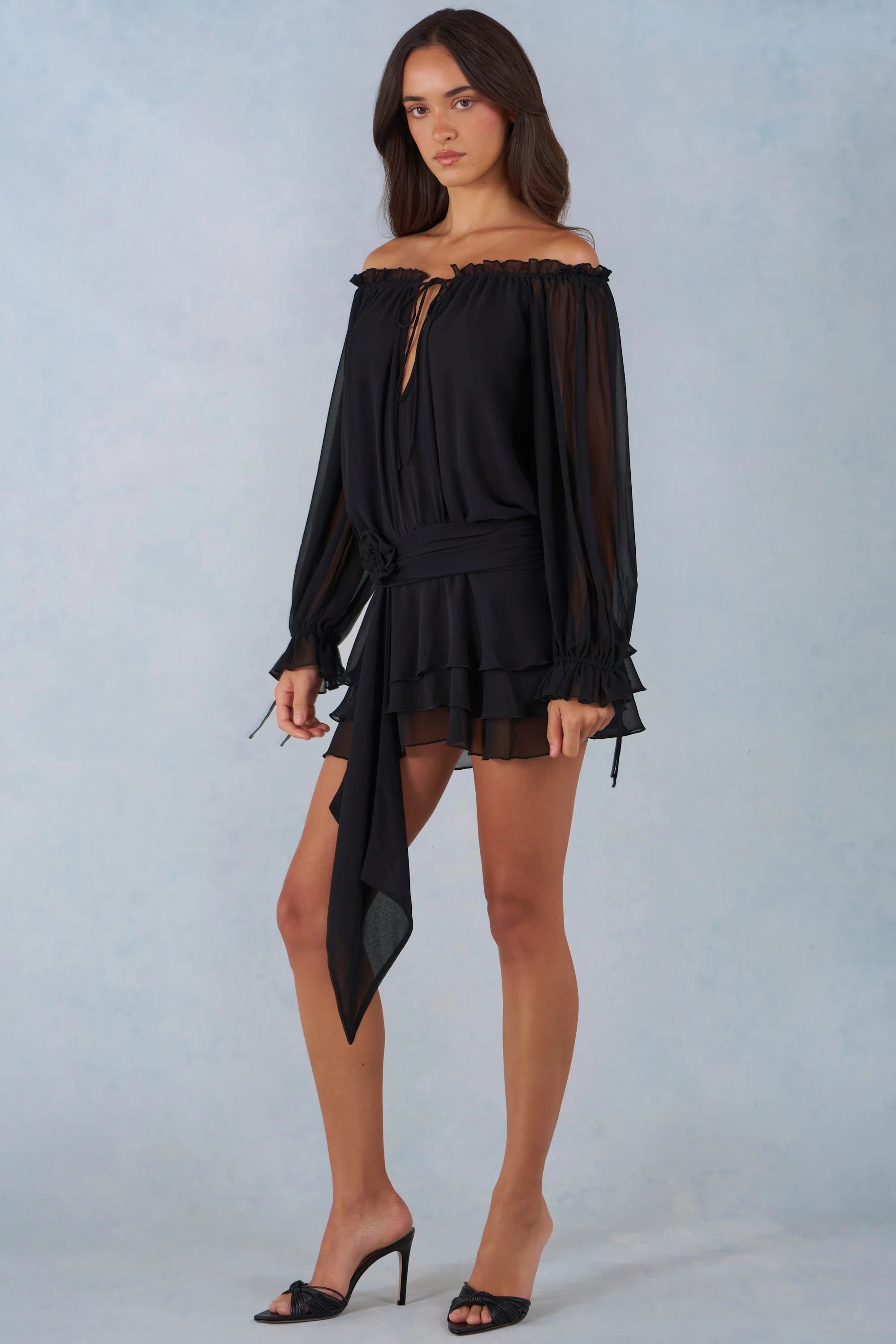 Off Shoulder Balloon Sleeve Mini Dress in Black