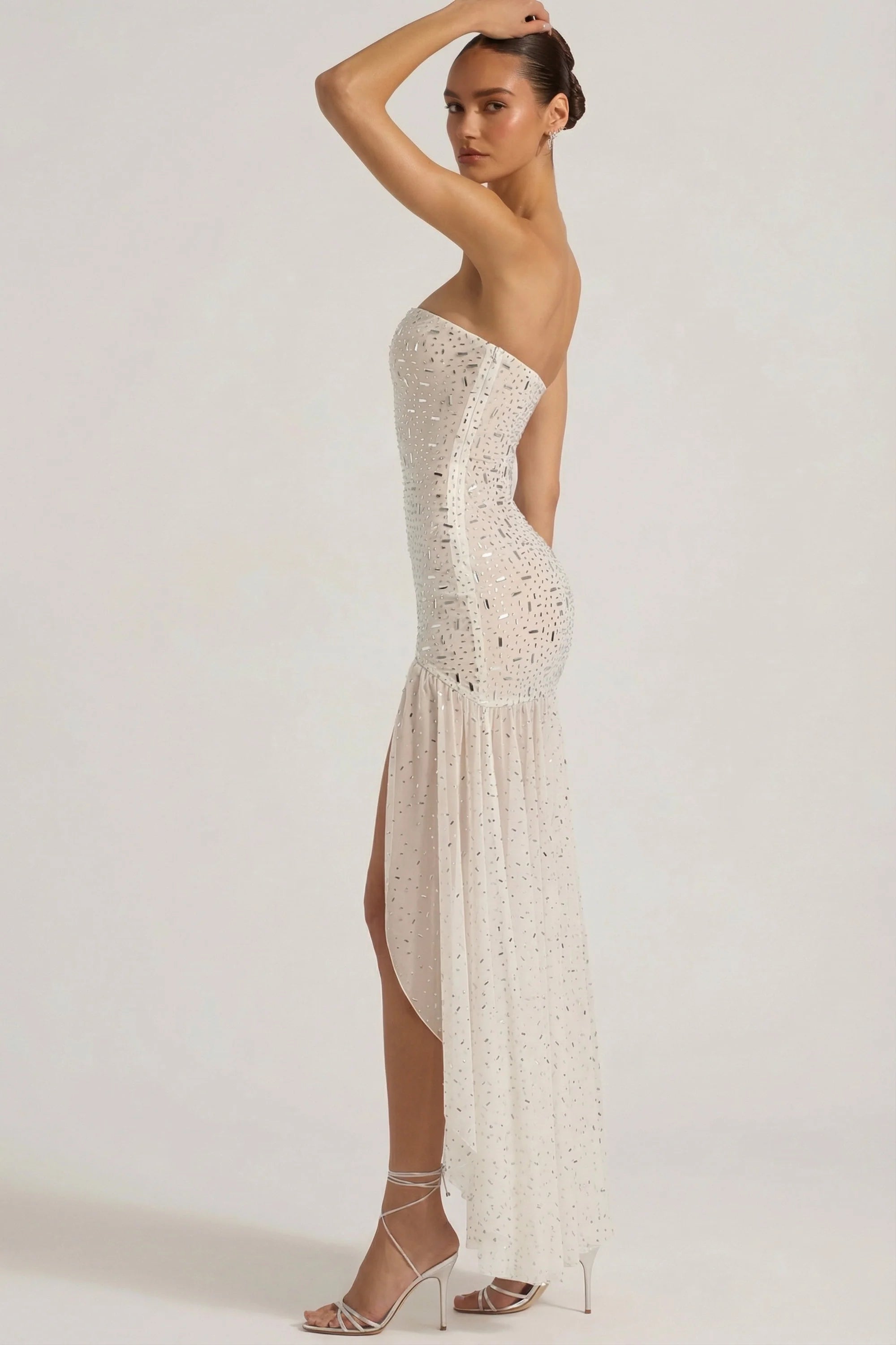 Semi Sheer Embellished Asymmetric Maxi Dress in White