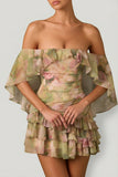 Off Shoulder Ruffled Mini Dress in Floral Multi Print