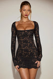 Sheer Scalloped Lace Long Sleeve Mini Dress in Black