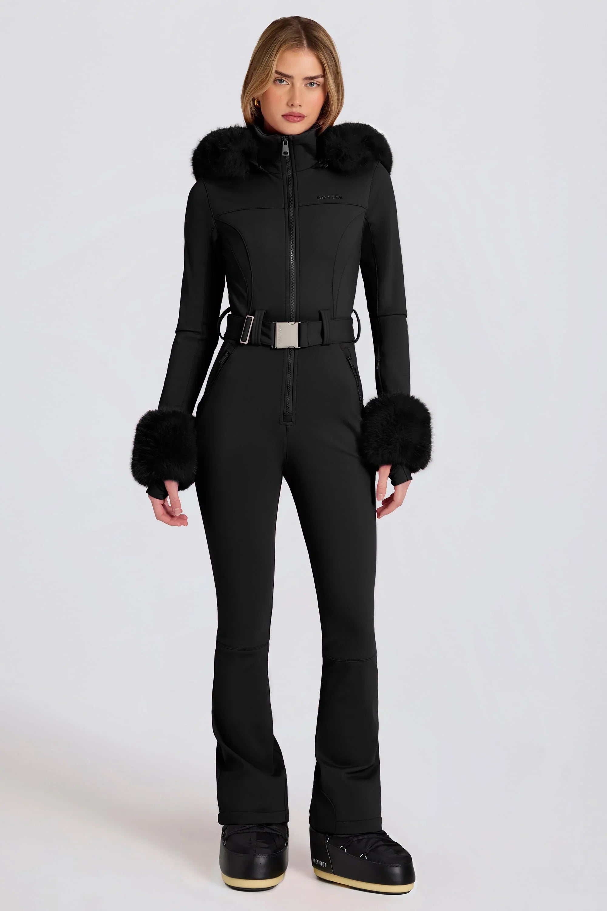 Waterproof Faux Fur Hood Fitted Ski Suit in Black