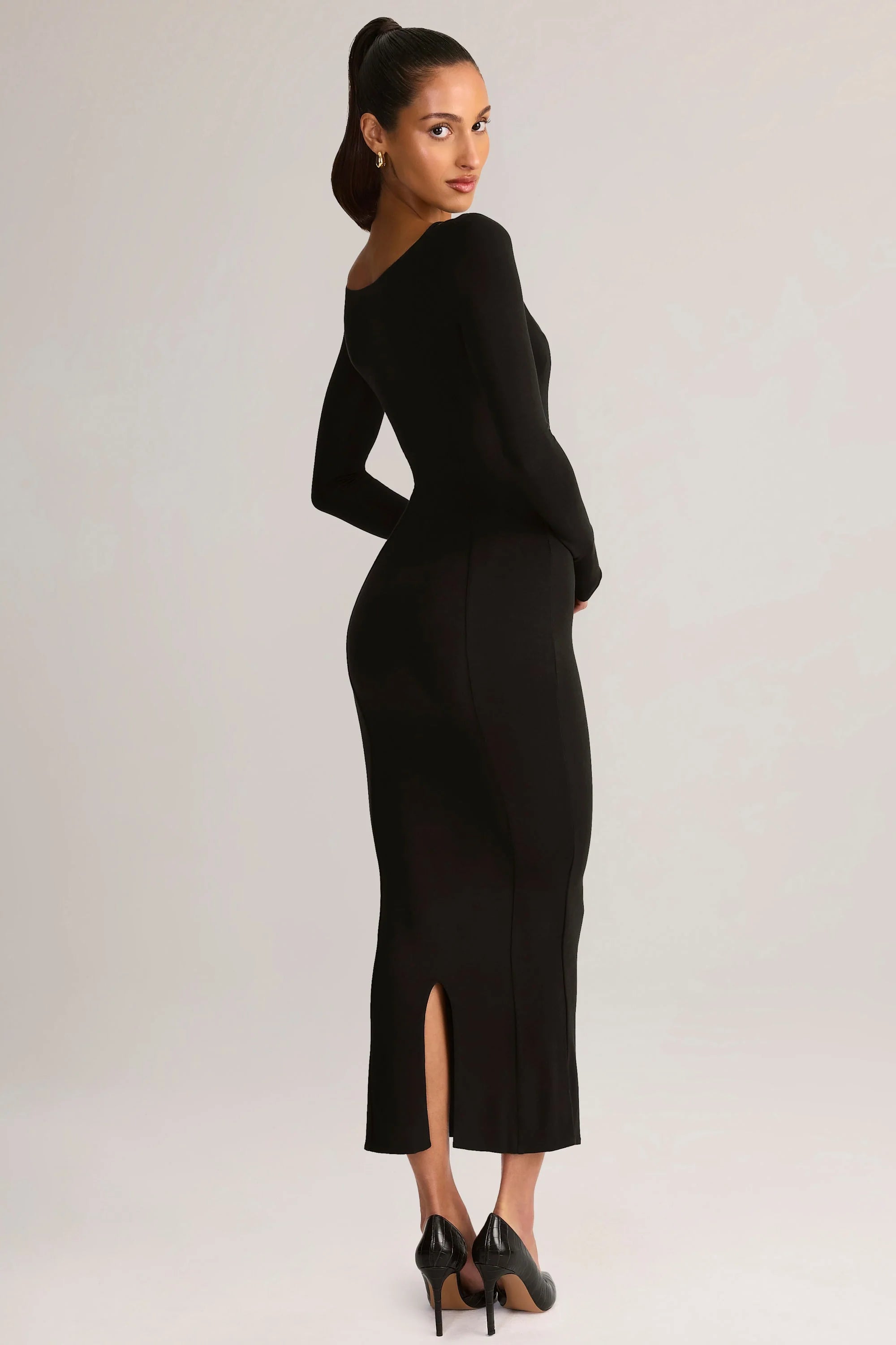 Modal Peekaboo Long Sleeve Midi Dress in Black