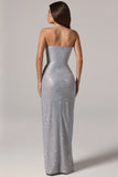 Embellished Bandeau Cowl Waist Maxi Dress in Silver