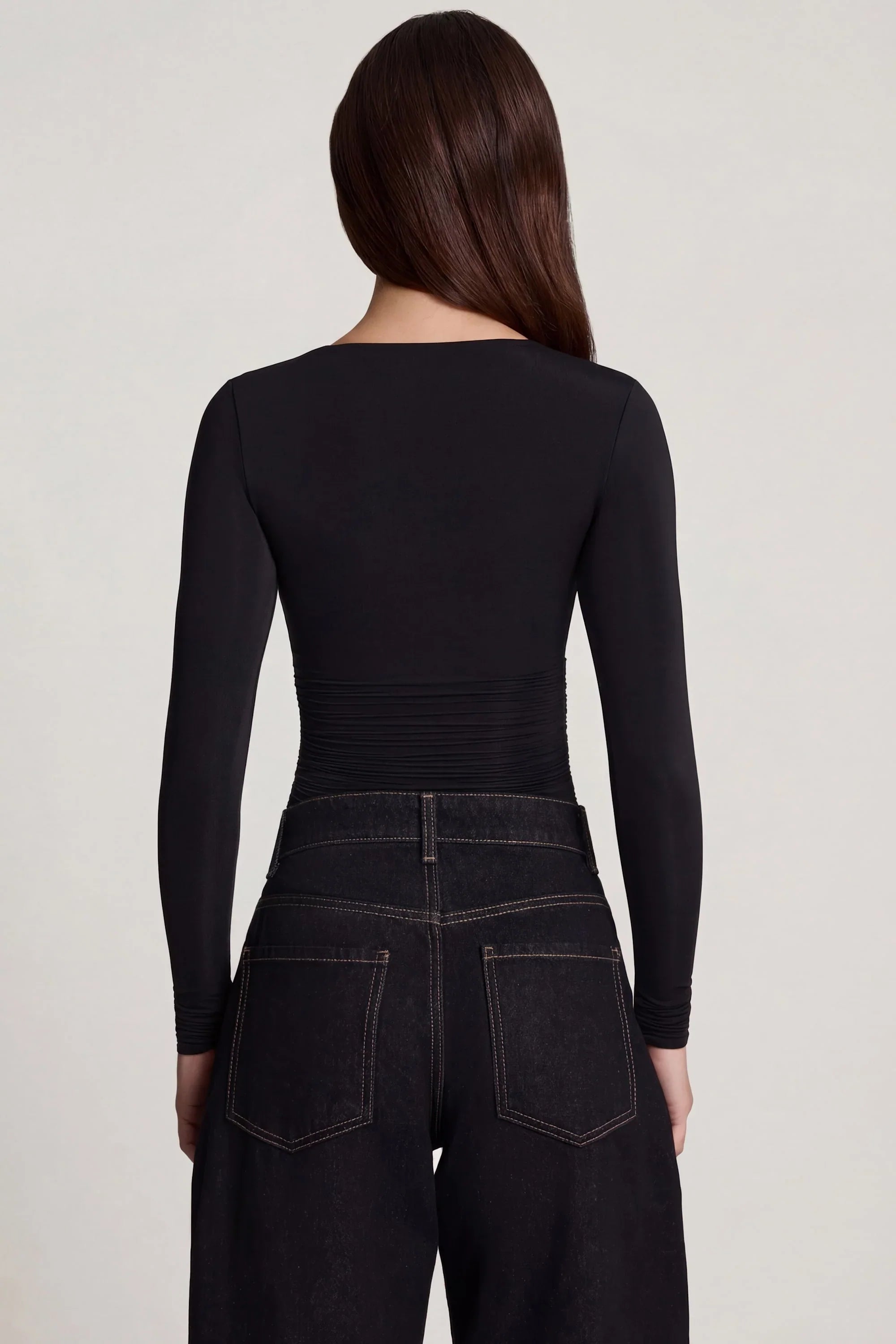 Soft Jersey Sweetheart Ruched Long Sleeve Top in Black