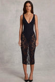 Sheer Lace Scalloped Plunge Bodysuit Midaxi Dress in Black