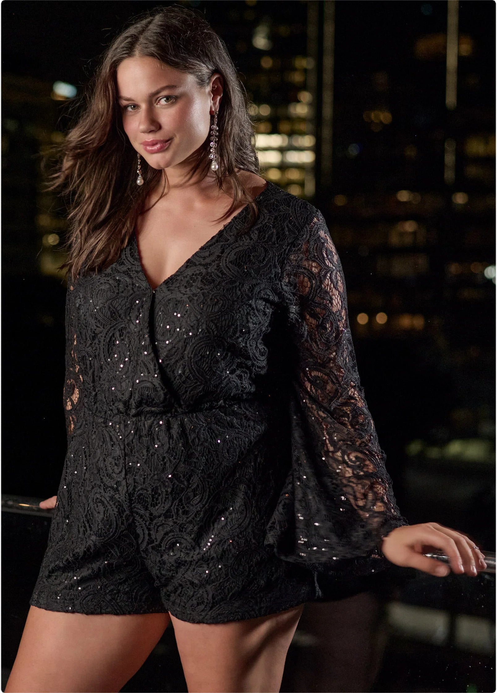 Sequin Lace Open Back Romper Black