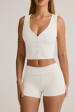 Modal Ribbed Mid Rise Foldover Shorts in White