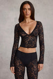 Sheer Lace Plunge Neck Long Sleeve Top in Black