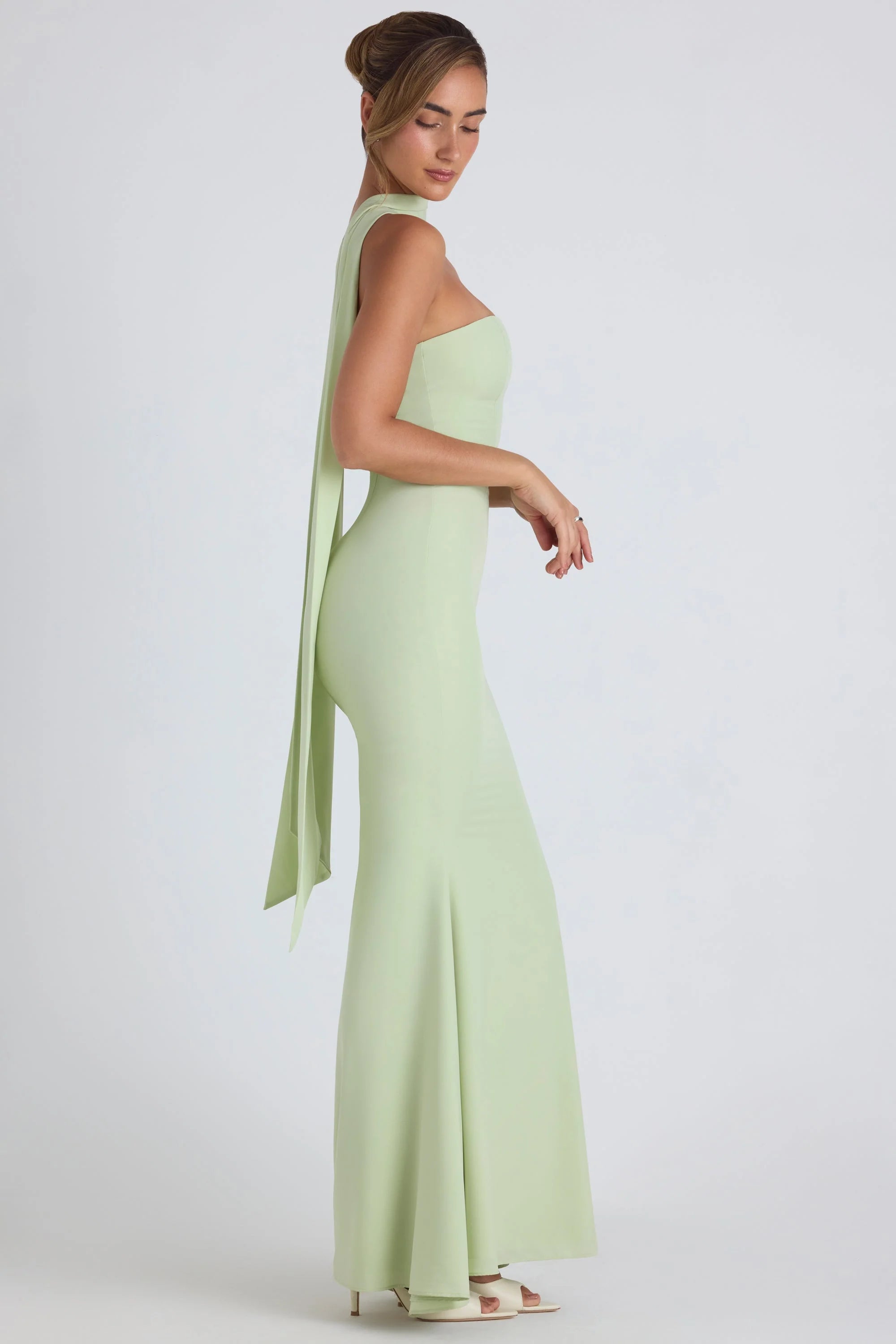 Scarf Detail Strapless Gown in Spring Green