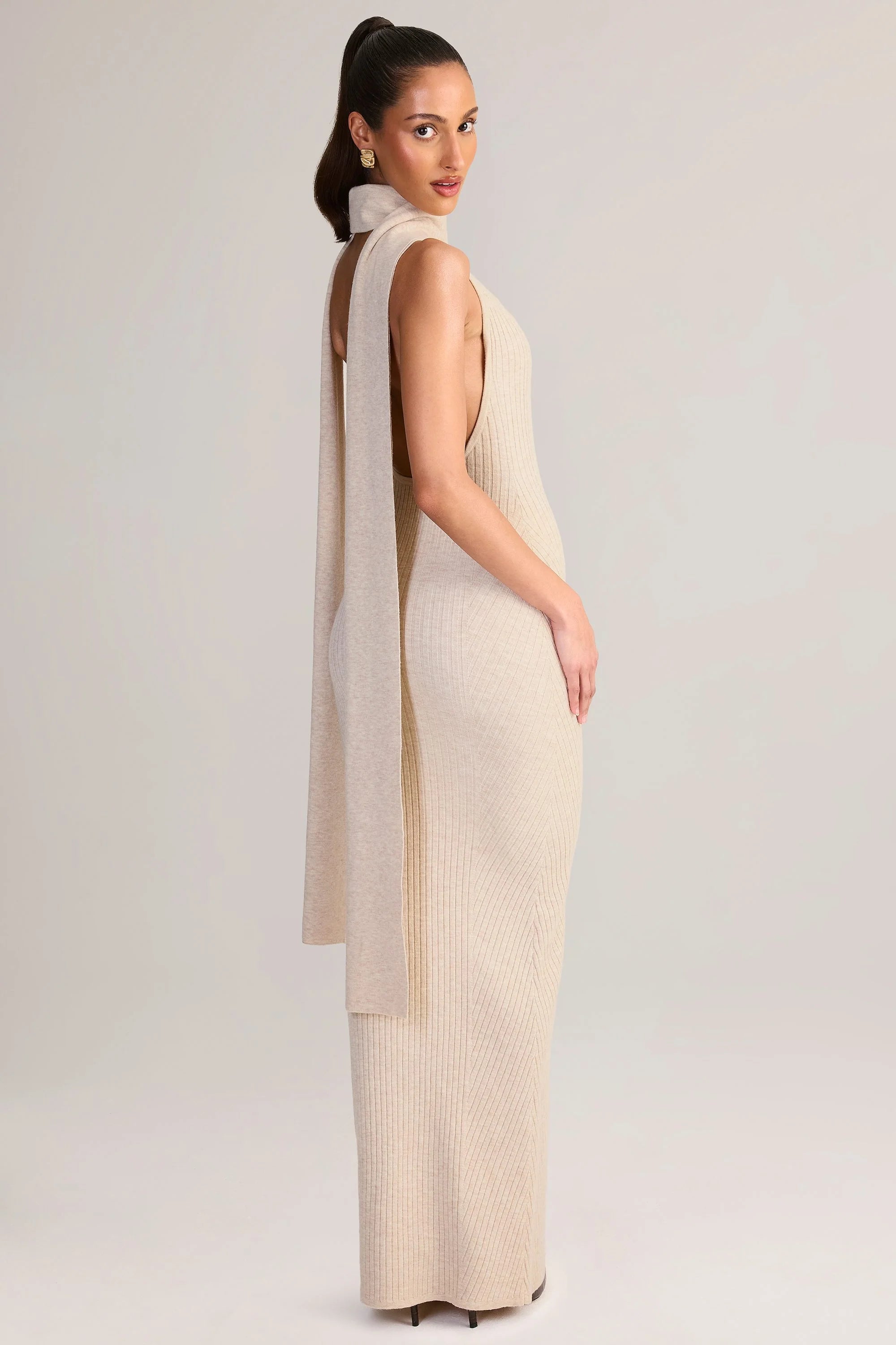 Rib Knit Scarf Detail Halterneck Maxi Dress in Cream