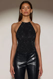 Embellished Jersey Halterneck Backless Top in Black