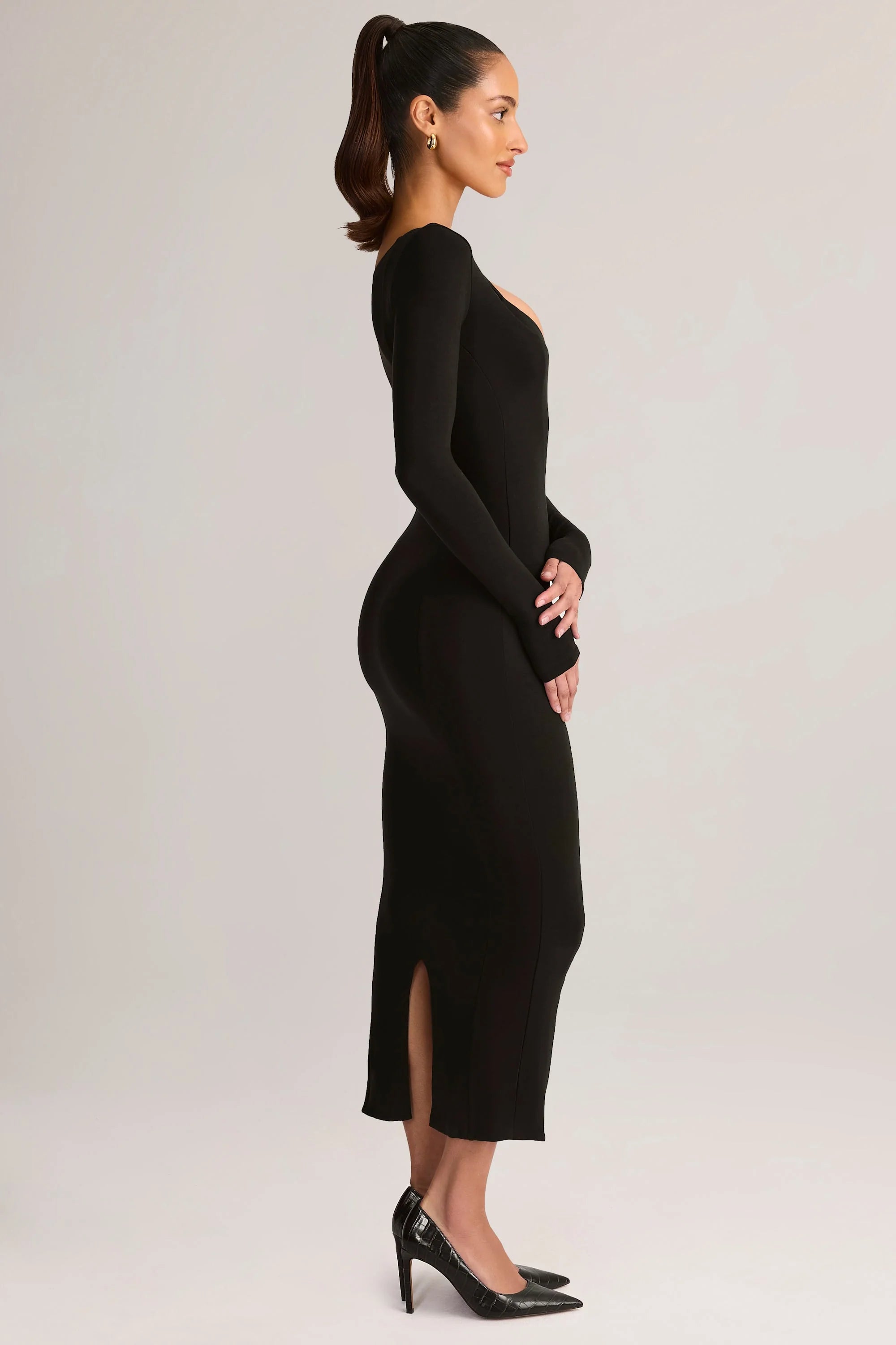 Modal Peekaboo Long Sleeve Midi Dress in Black