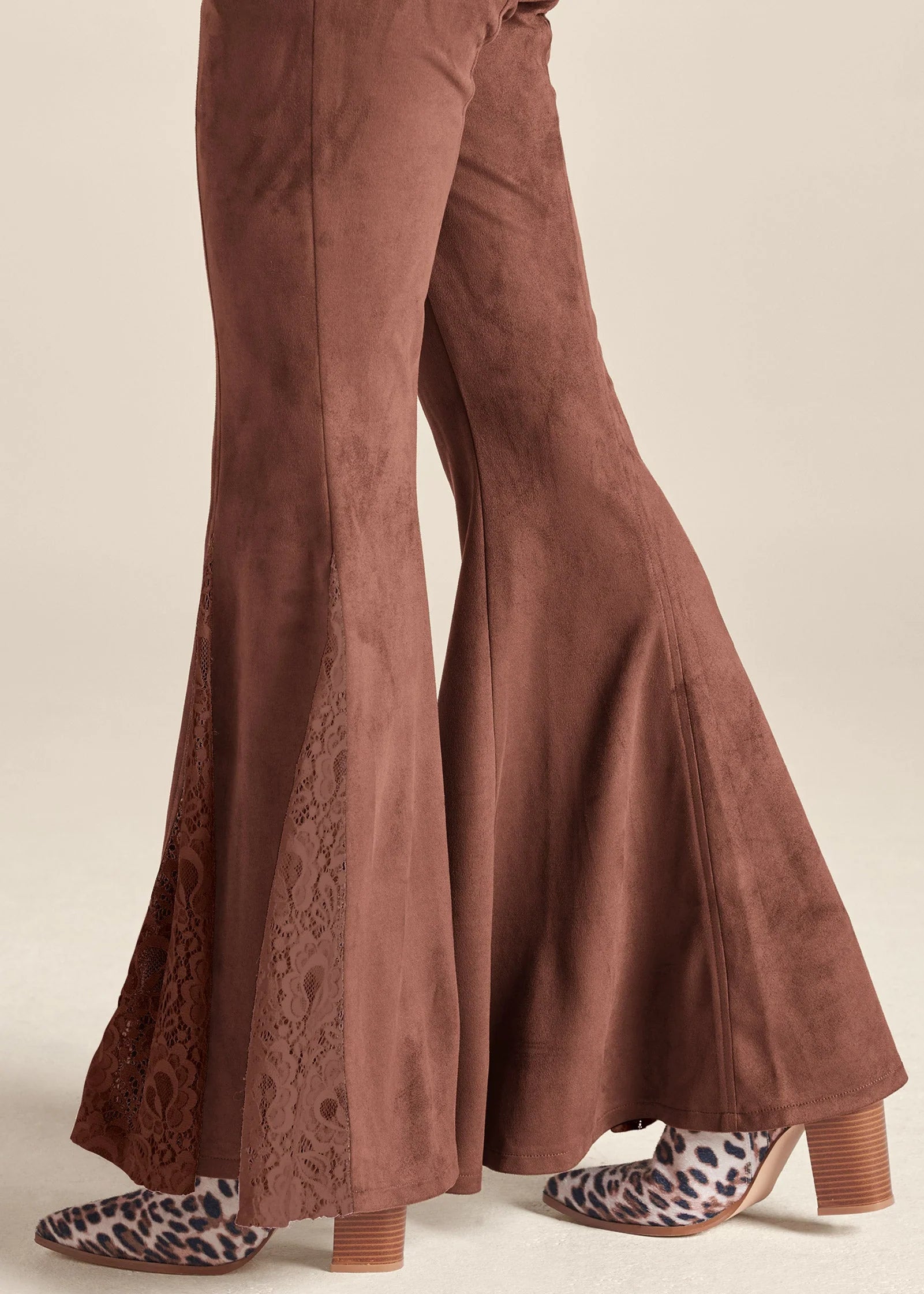 Faux Suede Flare Pants Brown Multi