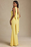 Scarf Detail Strapless Gown in Pastel Yellow