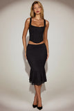Lace Mid Rise Fluted Midi Skirt in Black