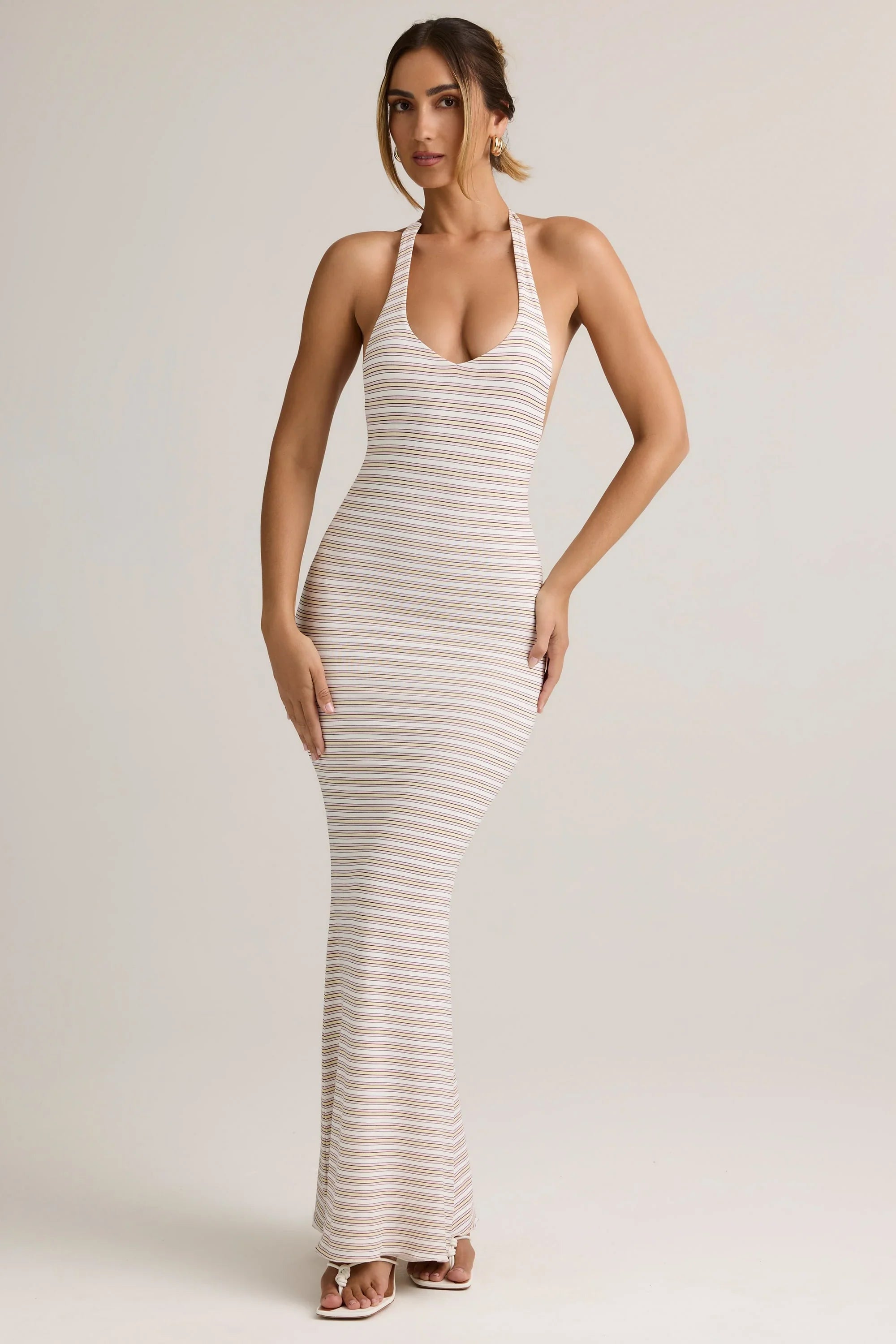 Modal Halterneck Maxi Dress in Pink Yellow Stripe