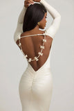 Bow Detail Ruched Maxi Dress in Ivory
