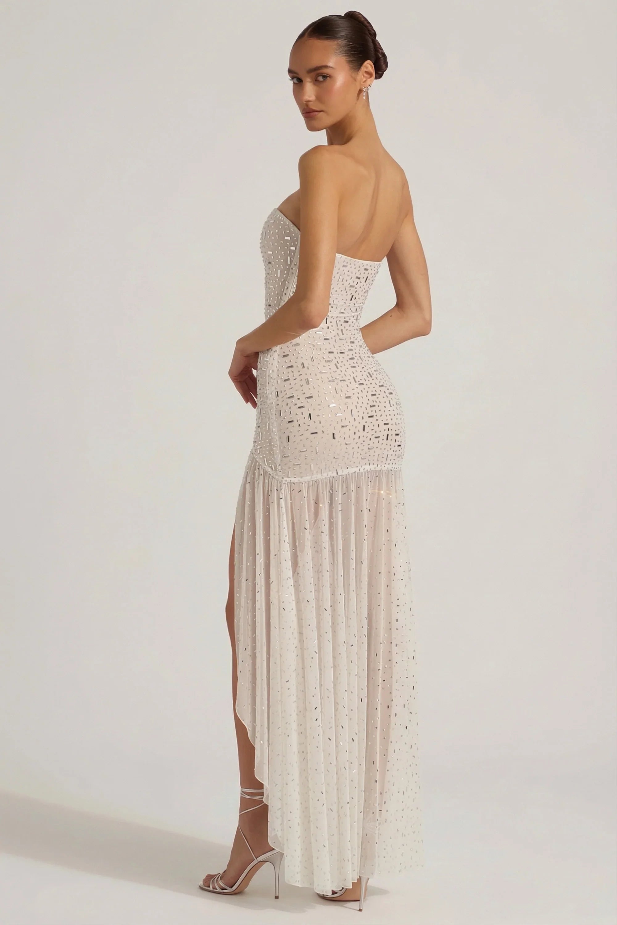 Semi Sheer Embellished Asymmetric Maxi Dress in White