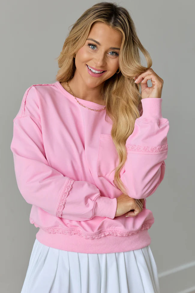 Scottie Pink Eyelet Trim Crewneck Top