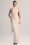 Rib Knit Scarf Detail Halterneck Maxi Dress in Cream