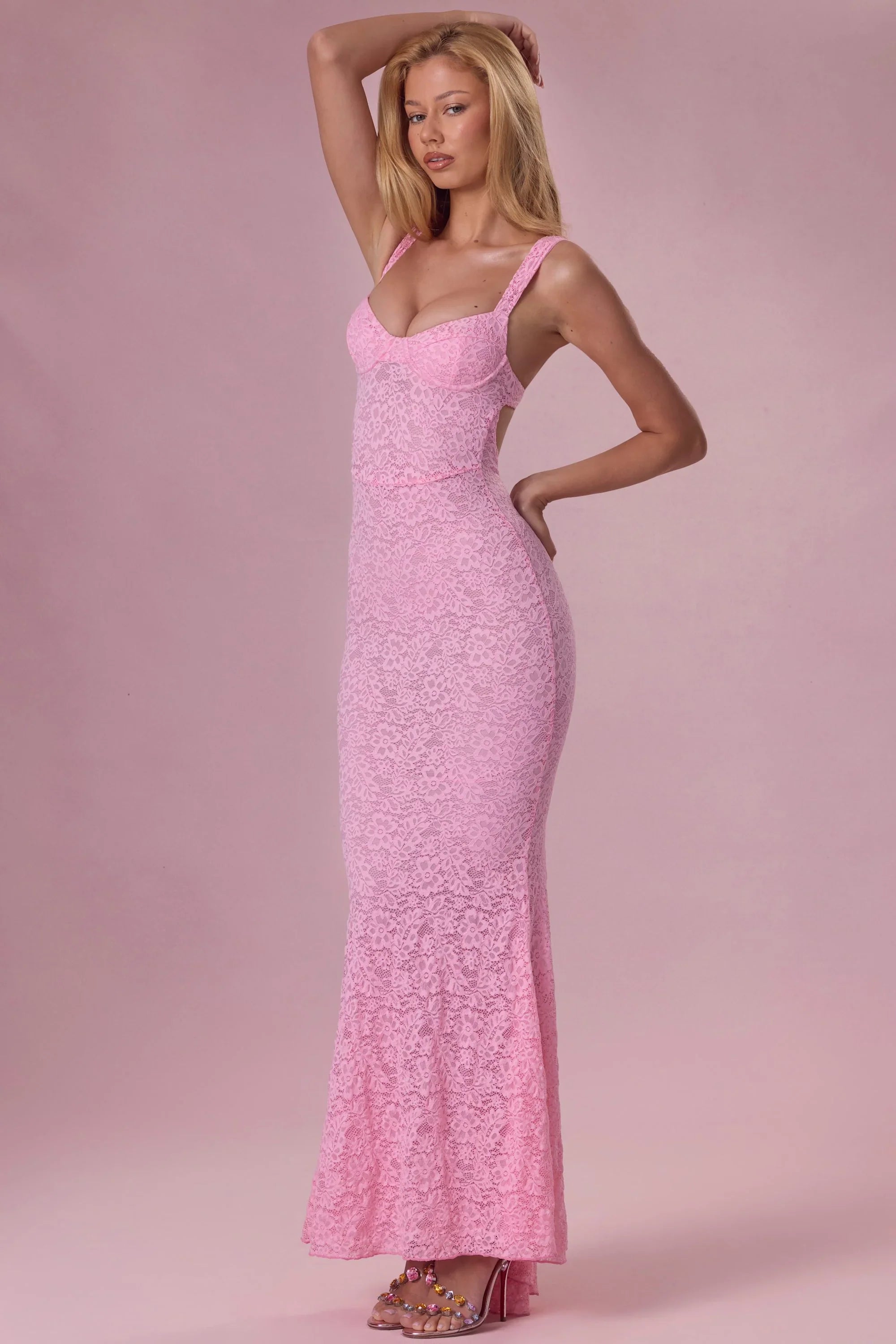 Lace Sweetheart Neck Gown in Blush Pink