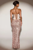 Embellished Mid Rise Thigh Split Maxi Skirt in Rose Gold