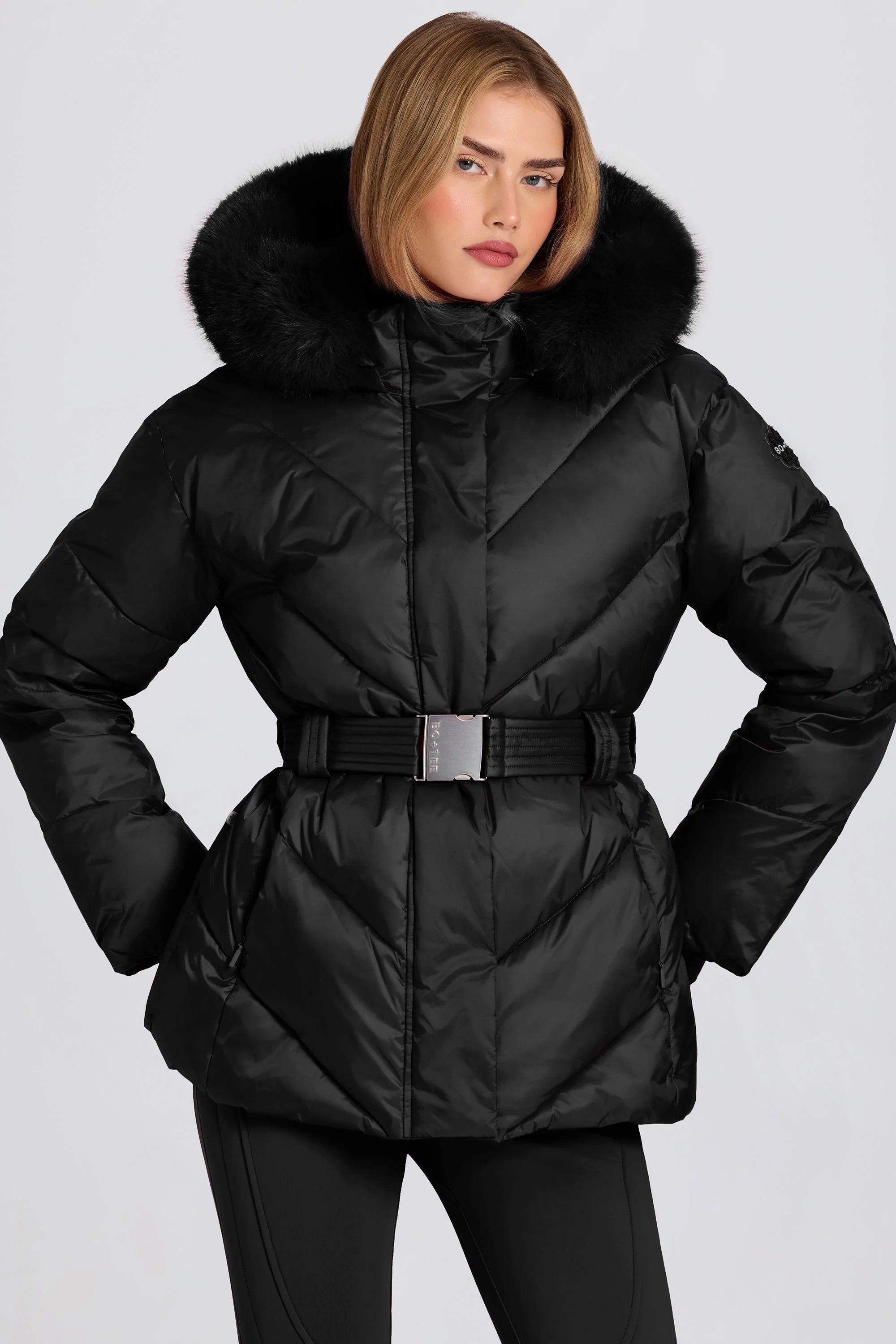 Waterproof Faux Fur Hood Ski Jacket in Black