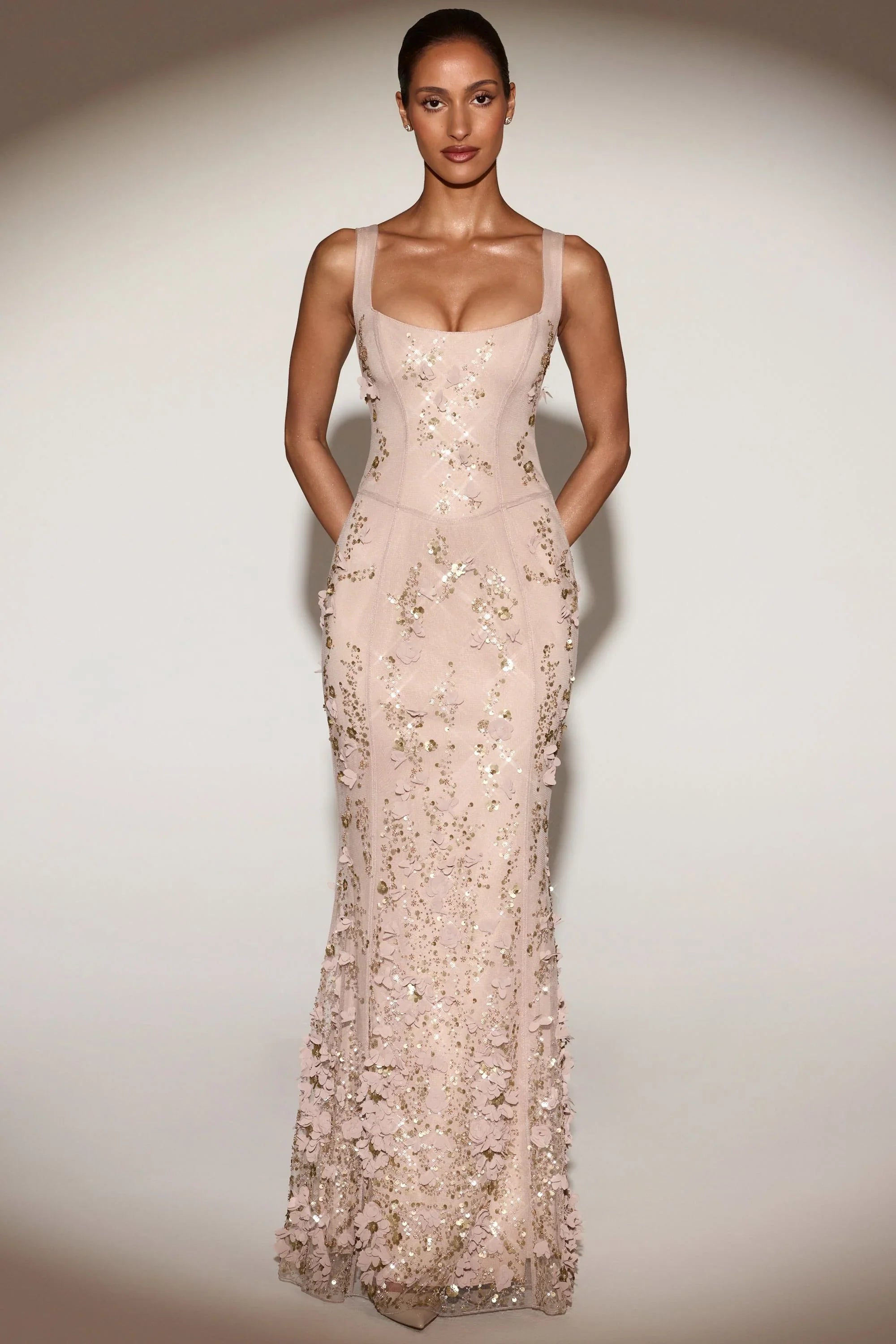 Embellished Appliqué Soft Scoop Corset Gown in Gold
