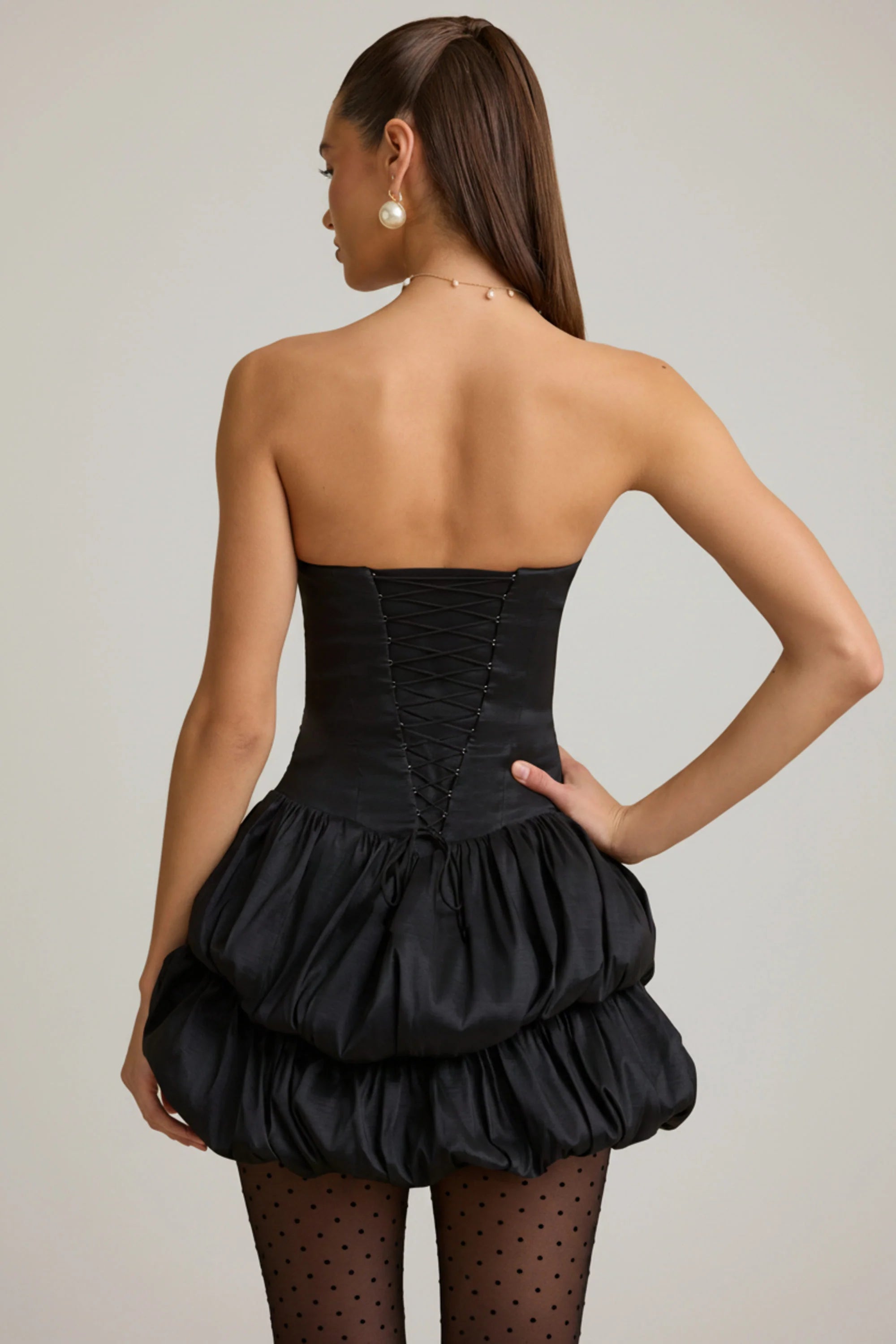 Satin Bubble Hem Corset Mini Dress in Black