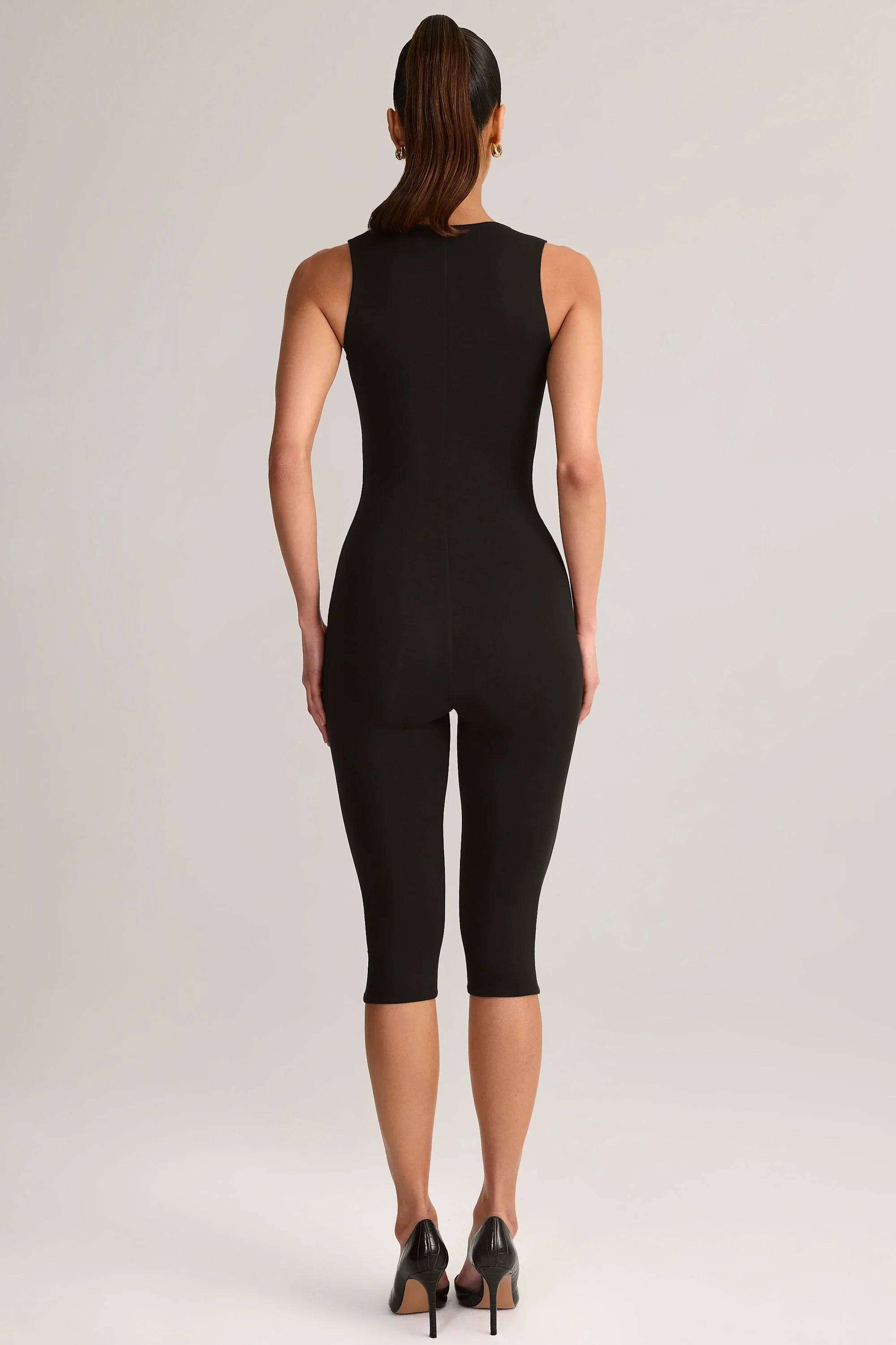 Modal Square Neck Bodycon Capri Jumpsuit in Black
