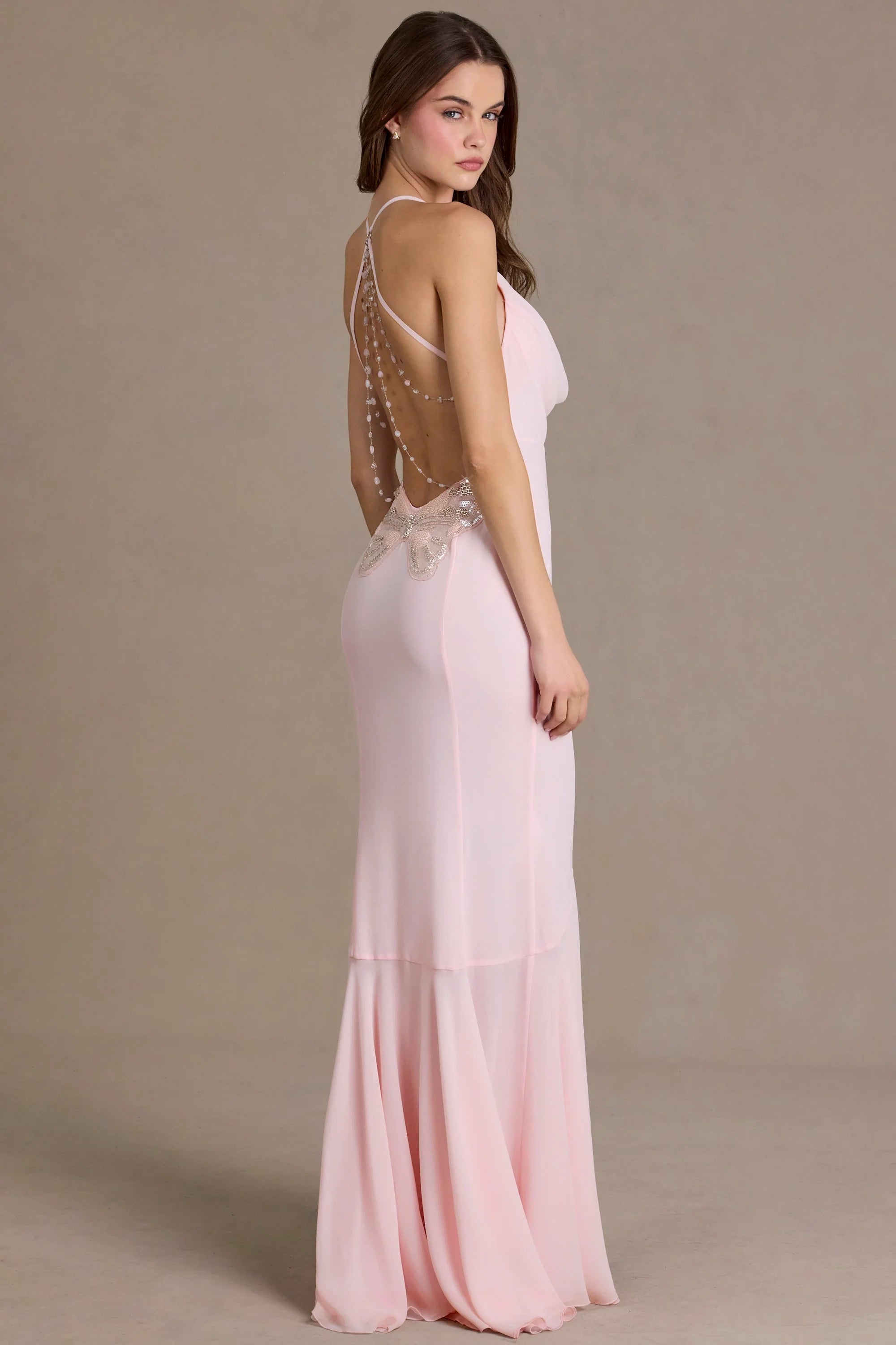 Chiffon Cowl Neck Open Back Gown in Baby Pink