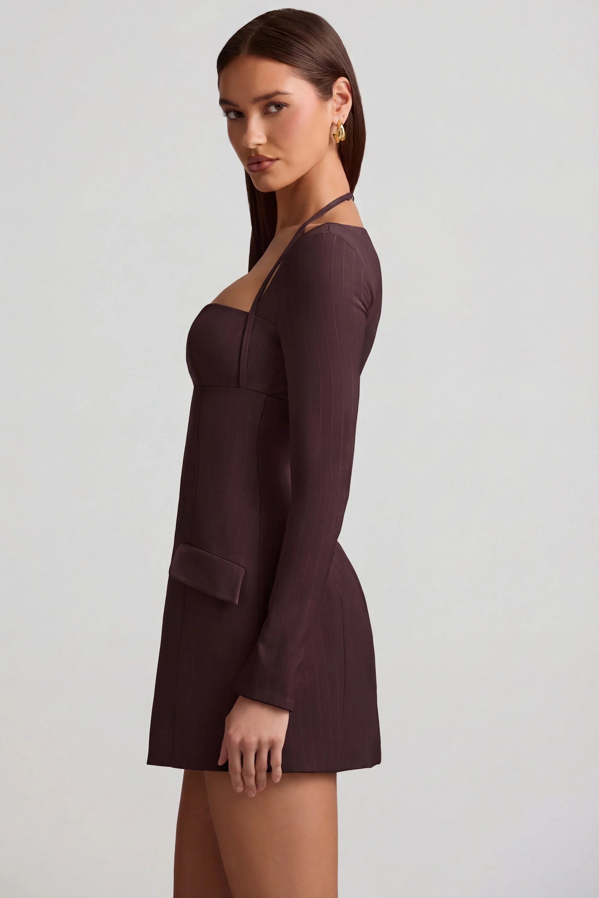 Pinstripe Structured A Line Mini Dress in Chocolate Brown