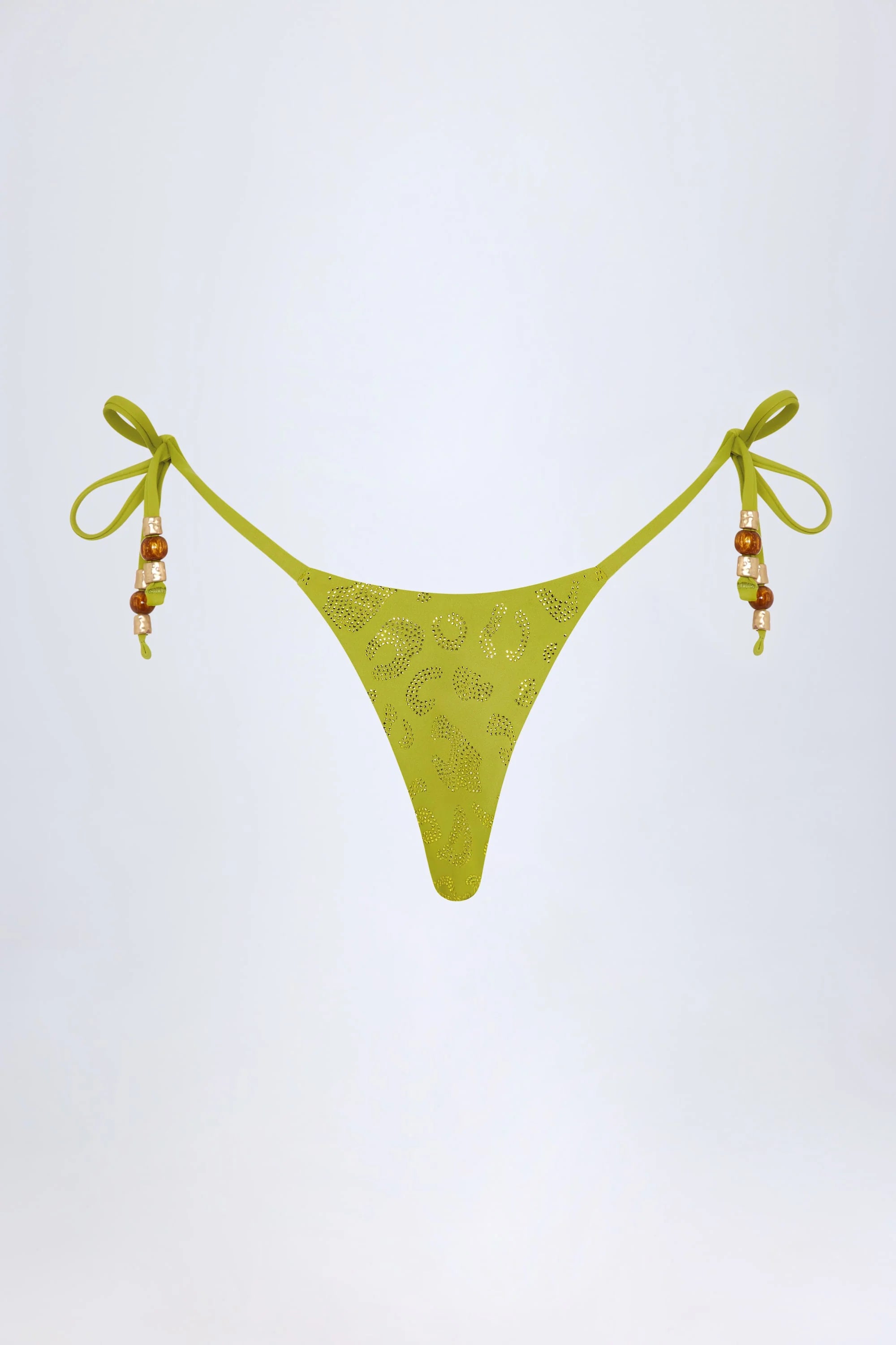 Charm Detail Thong Bikini Bottoms in Olive Green
