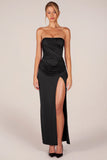 Bandeau Draped Thigh High Maxi Dress in Black