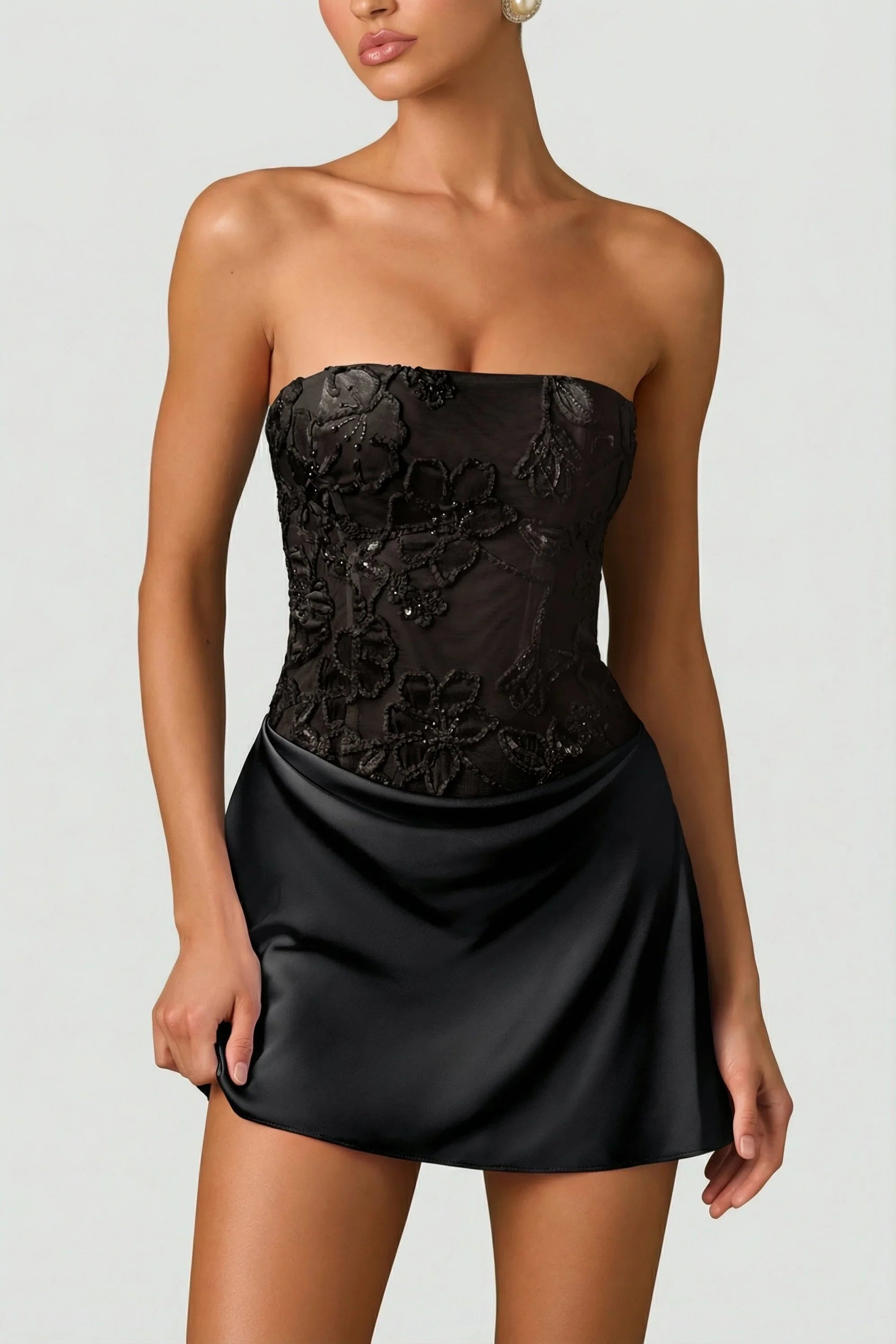 Embellished Draped Strapless A Line Mini Dress in Black