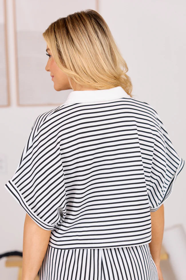 Move With Purpose White And Black Knit Striped Cropped Shirt