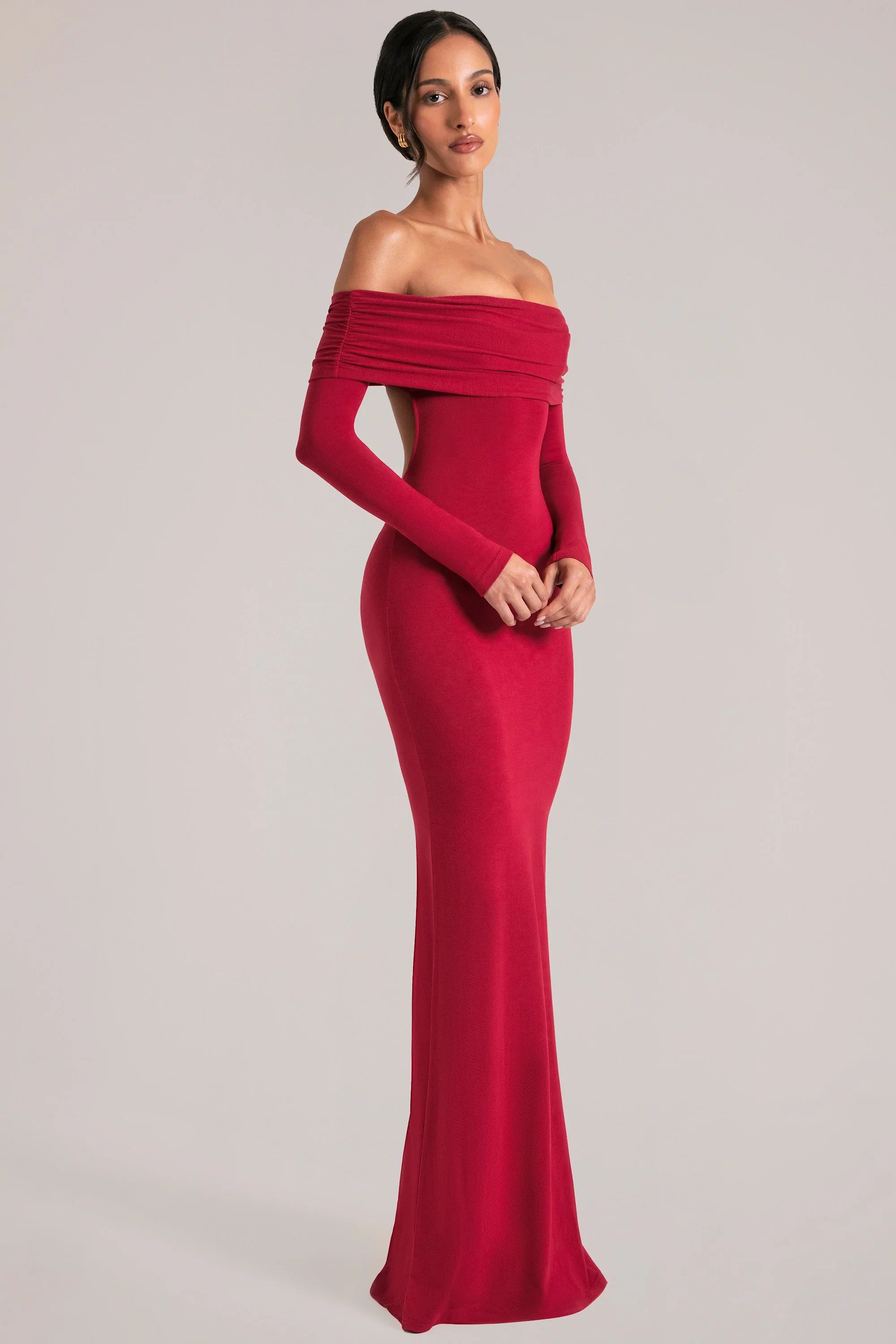Off Shoulder Long Sleeve Maxi Dress in Cherry Red