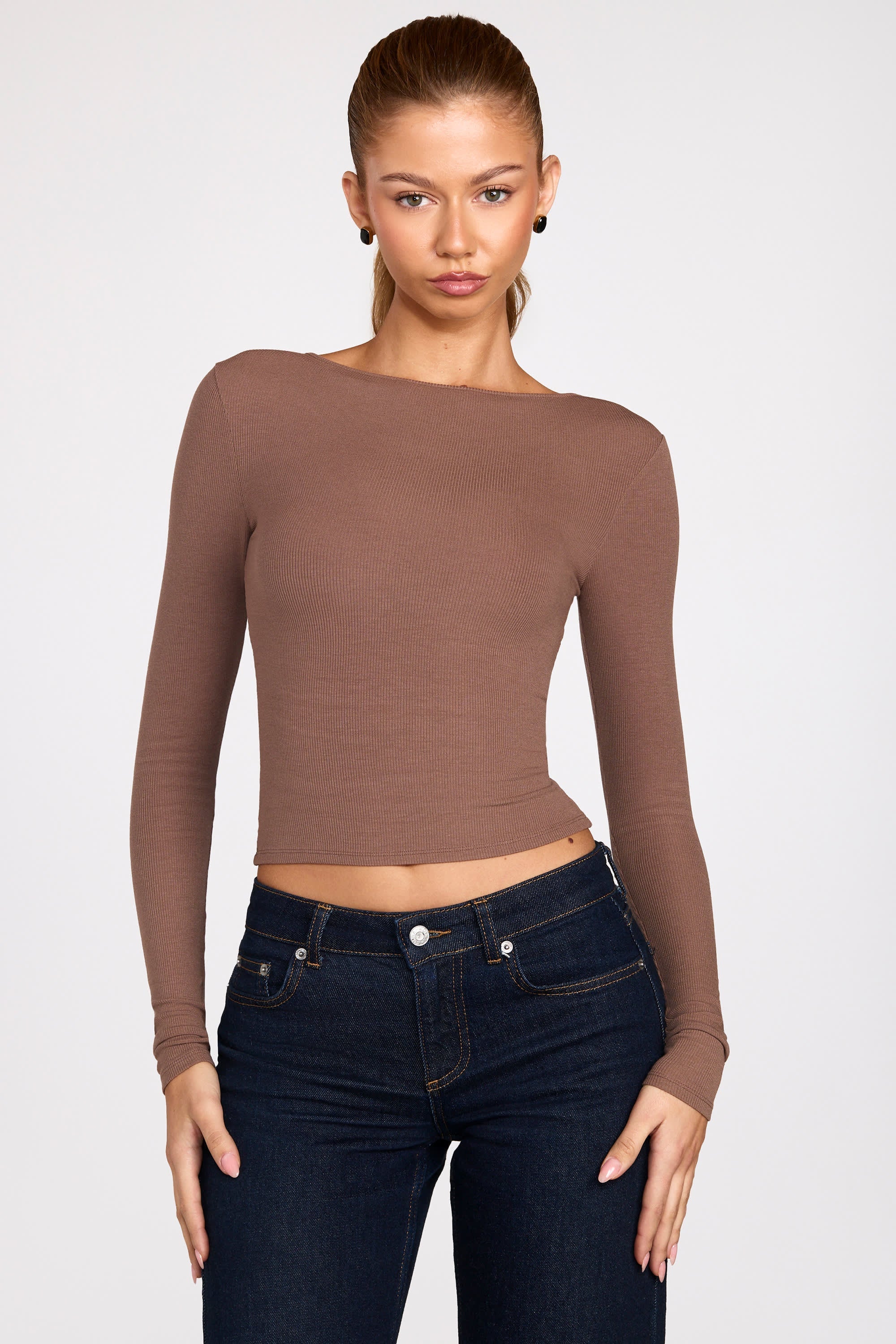 Ribbed Modal Ruched Long Sleeve Top in Mocha