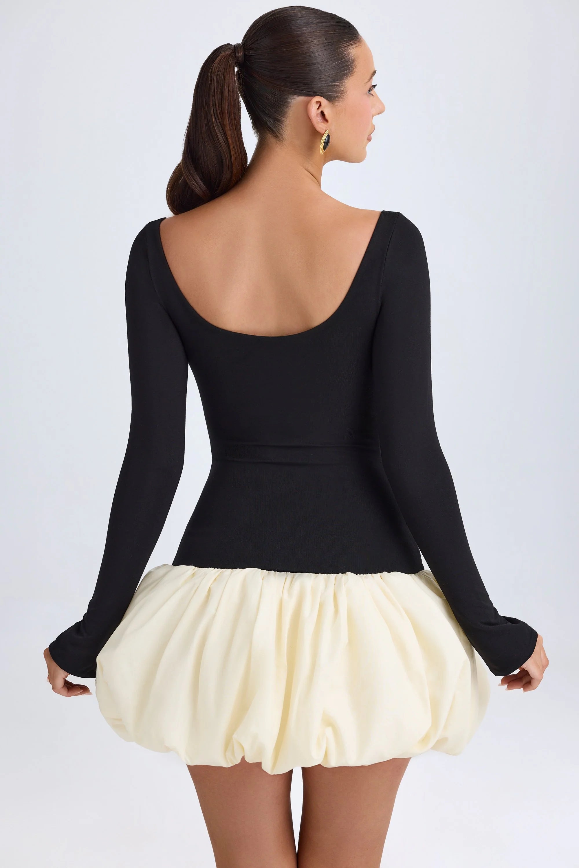 Modal Scoop Neck Drop Waist Bubble Hem Mini Dress in Vanilla
