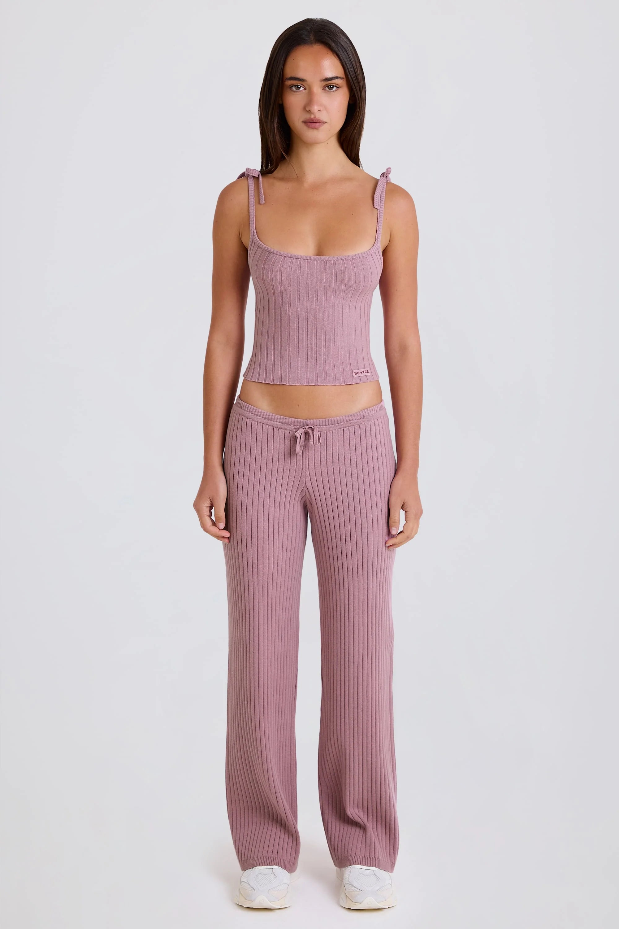 Ribbed Knit Wide Leg Joggers in Mauve