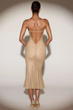 Metallic Lace Plunge Neck Backless Midaxi Dress in Gold