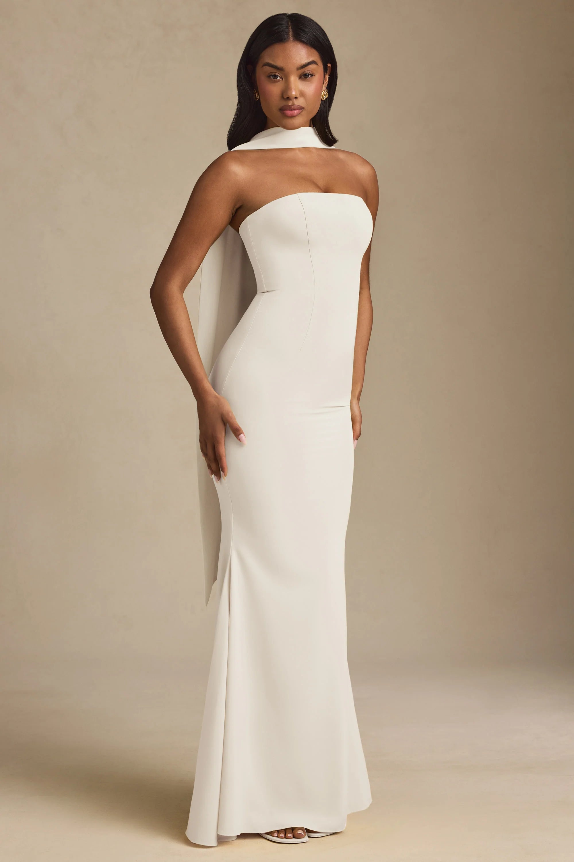 Scarf Detail Strapless Gown in Ivory