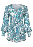 Balloon Sleeve Wrap Front Top Blue Paisley With Border