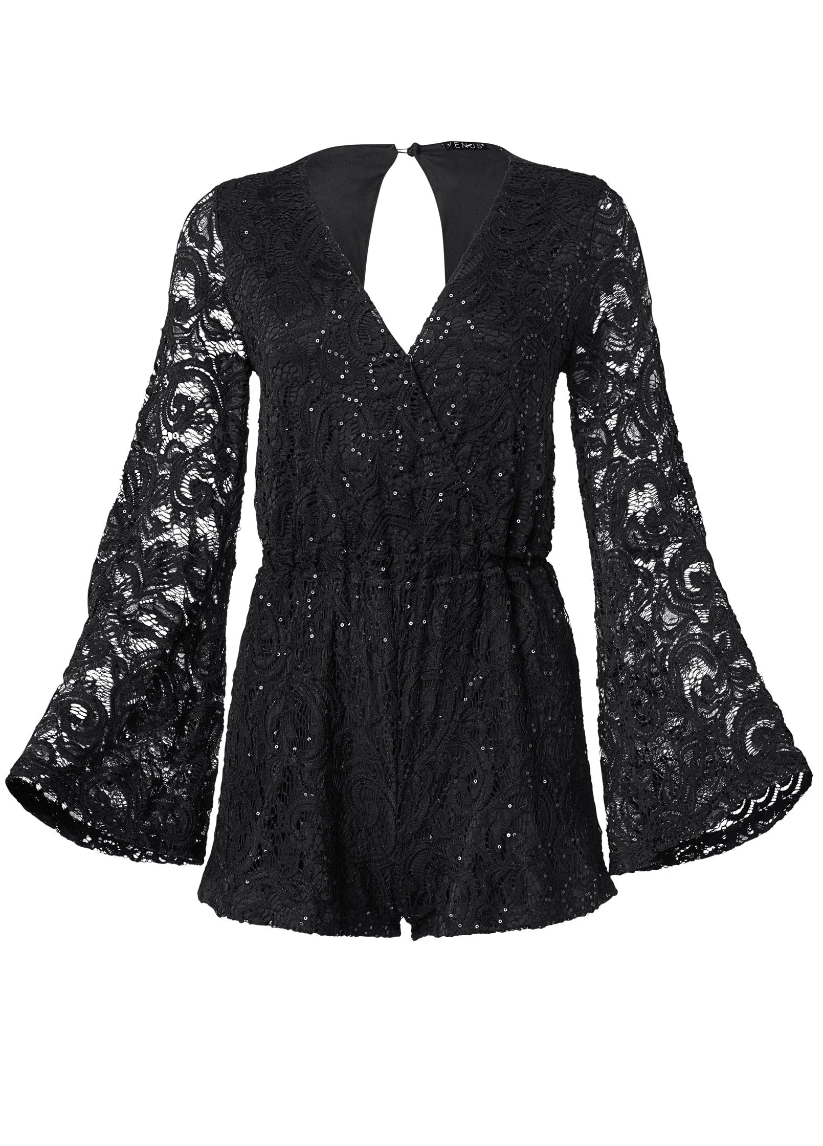 Sequin Lace Open Back Romper Black