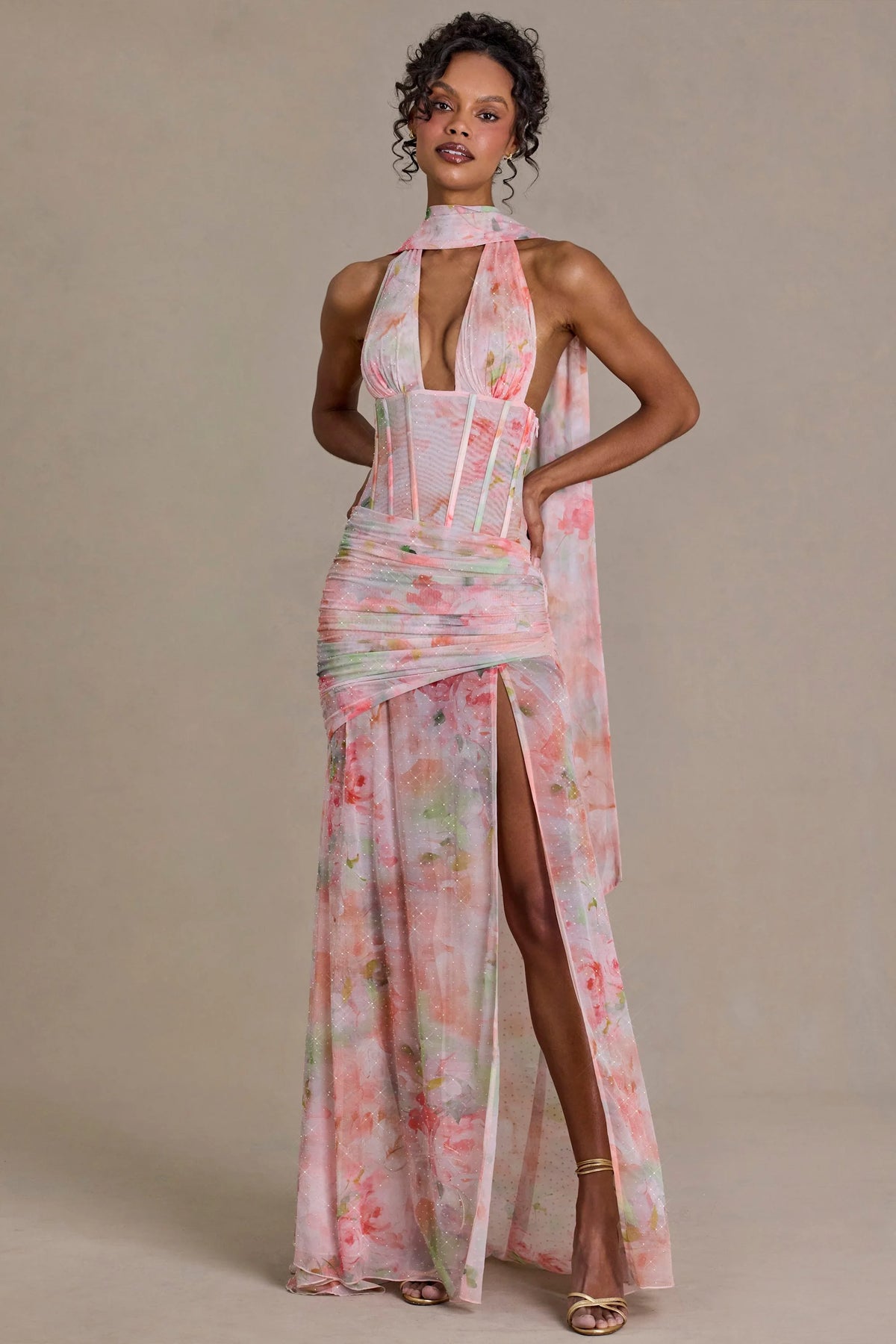 Embellished Scarf Detail Maxi Dress in Pink Floral Print